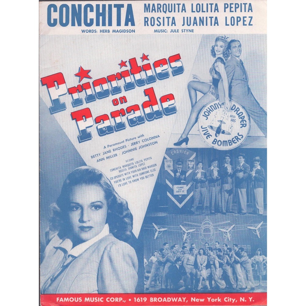 Vintage 1942 Priorities on Parade Conchita Sheet Music Jule Styne Paramount Film